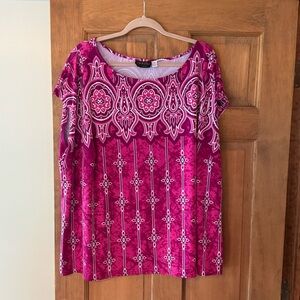 Bob Mackie Wearable Art (QVC) Boat Neck Liquid Knit Pink Paisley Top- Size 3X